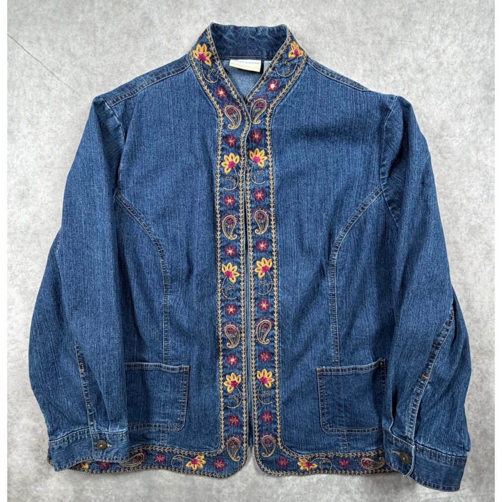 Alfred Dunner Womens 20W Denim Jacket Blue Floral Paisley Embroidered Open Front